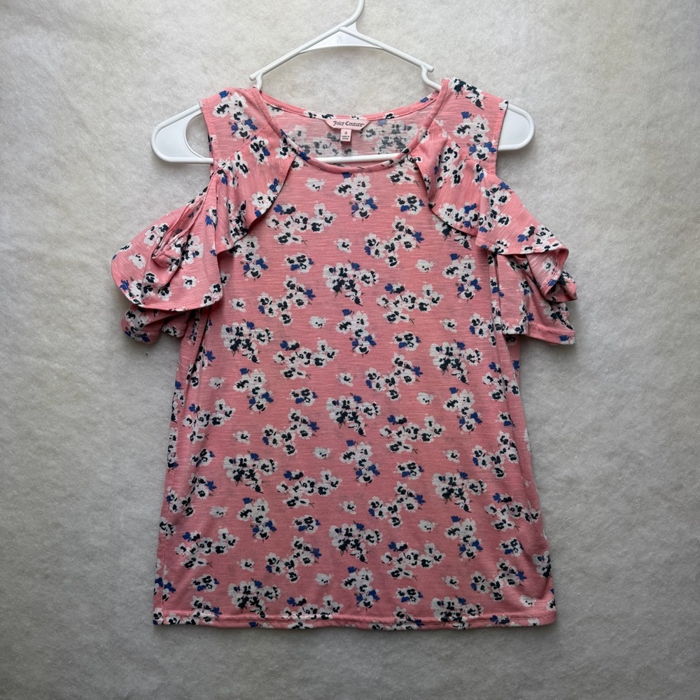 JUICY COUTURE RUFFLE OPEN SHOULDER BLOUSE SIZE SM FLORAL MULTICOLORS ROUND NECK